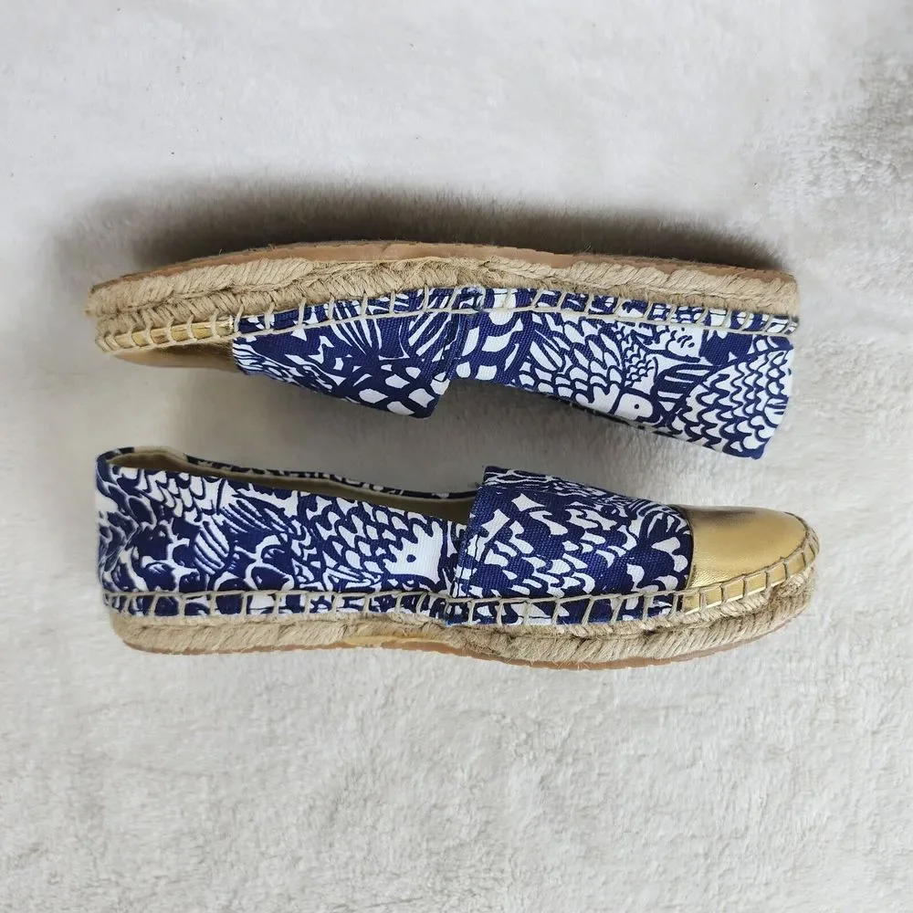 Lily Pulitzer Womens Blue White Floral Canvas Gold Toe Espadrill Slip On Flats 6